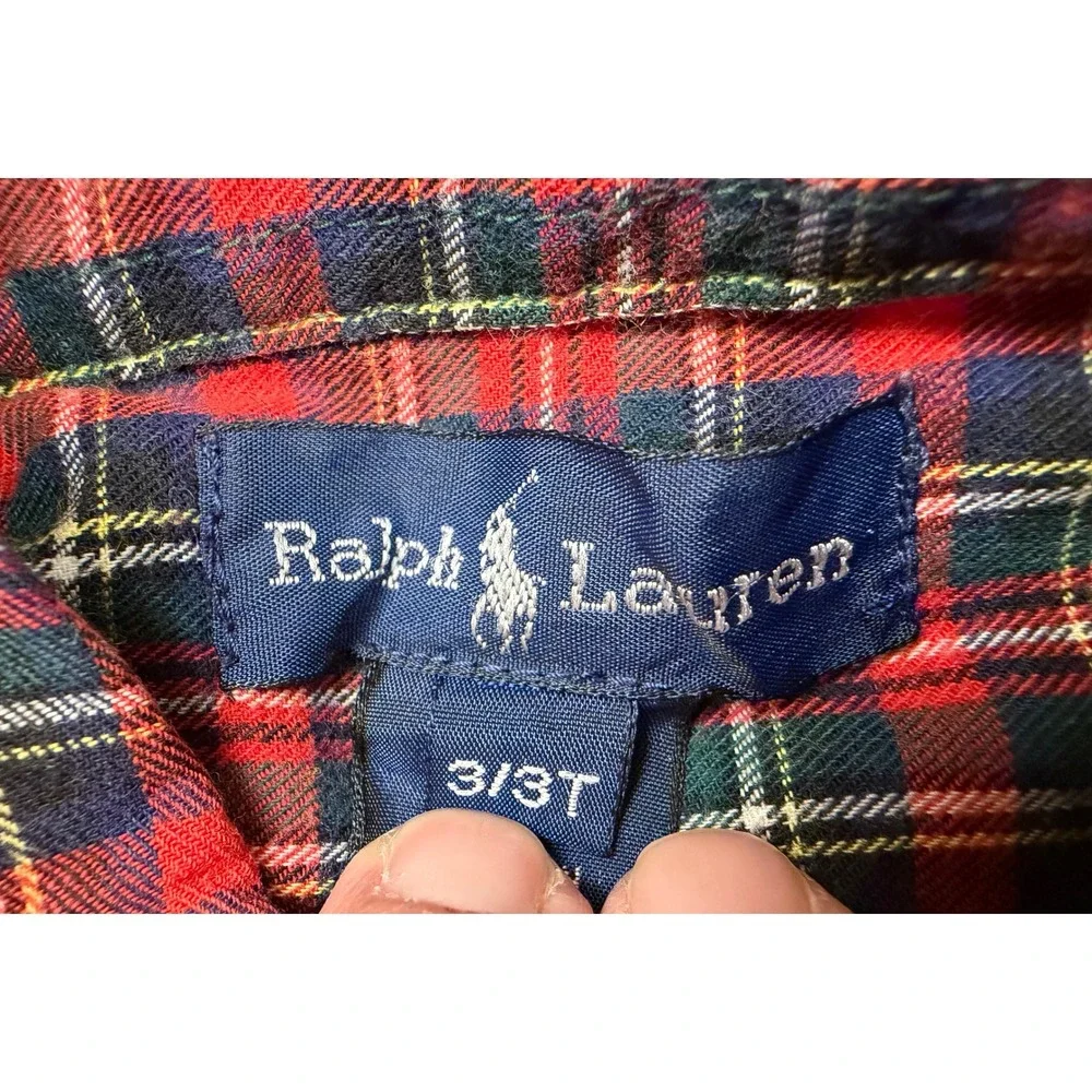 Ralph‎ Lauren Kids Red Green Tartan Plaid Button Down Shirt 3/3T Cotton
